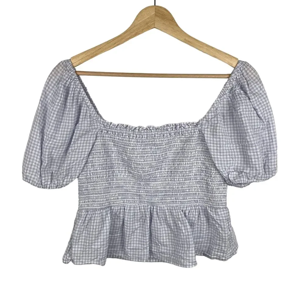 J. Crew Gingham Plaid Squareneck Smocked Cotton Voile Crop Top Lilac White Sz S
